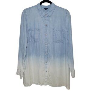 J.Jill Womens Button-Down Tunic Shirt Denim Ombre Blue White Chambray Coastal